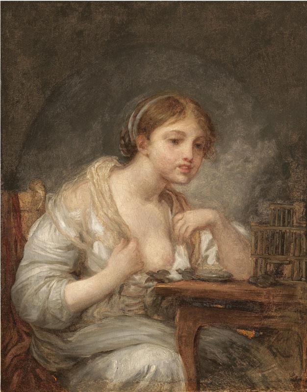 A YOUNG WOMAN WITH A BIRDCAGE