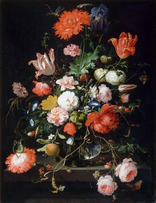 Abraham Mignon -- Flowers in a crystal vase placed on a stone pedestal, with a dragonfly