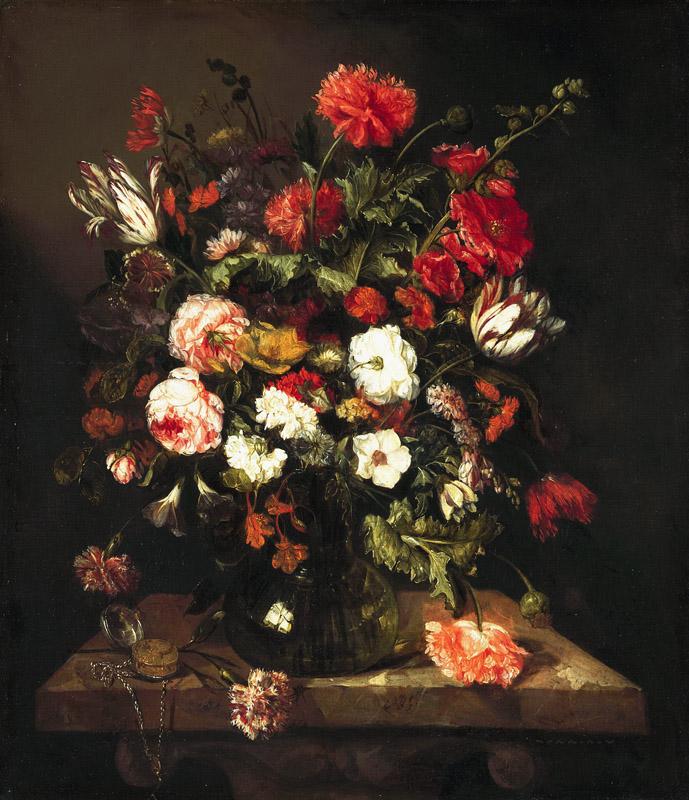 Abraham van Beyeren - Flower Still Life with a Timepiece