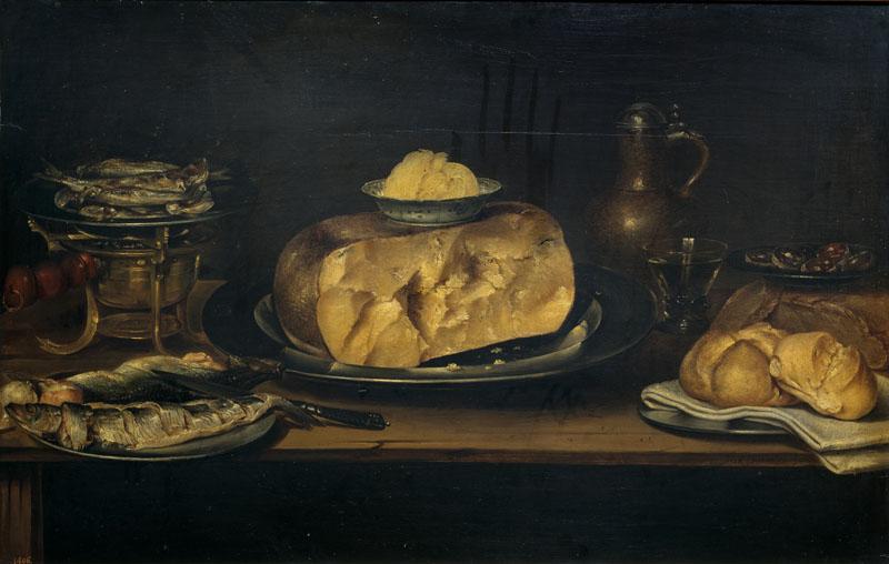 Adriaenssen, Alexander-Bodegon mesa con vajilla, queso, salchichon, pescados.