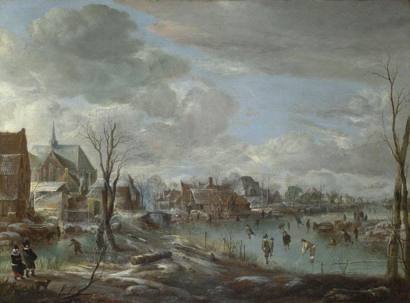 Aert van der Neer - A Frozen River near a Village, with Golfers and Skaters