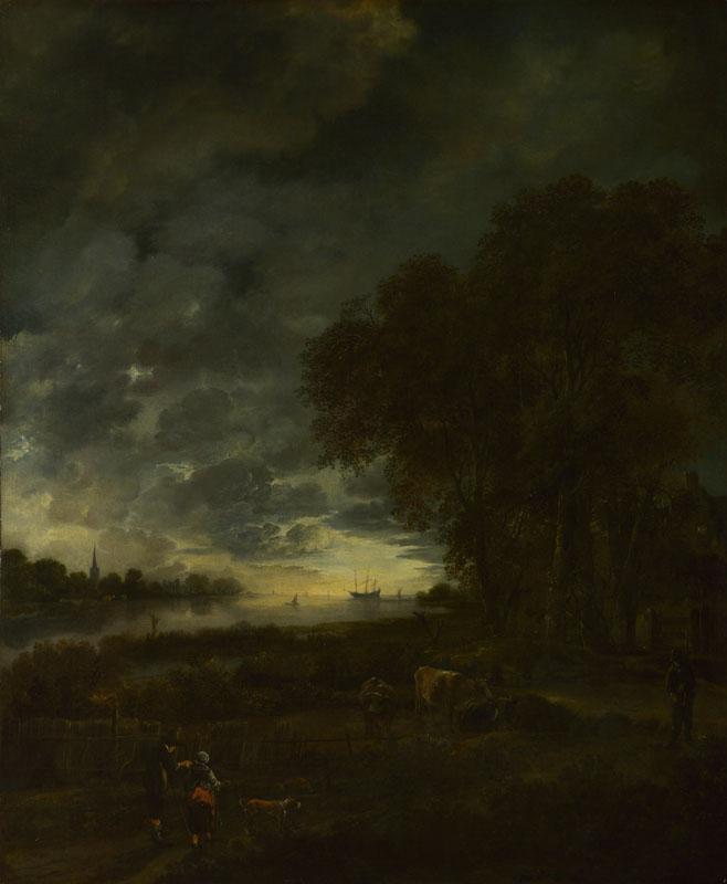 Aert van der Neer - A Landscape with a River at Evening