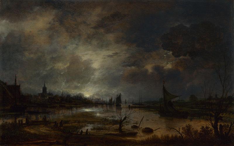 Aert van der Neer - A River near a Town, by Moonlight