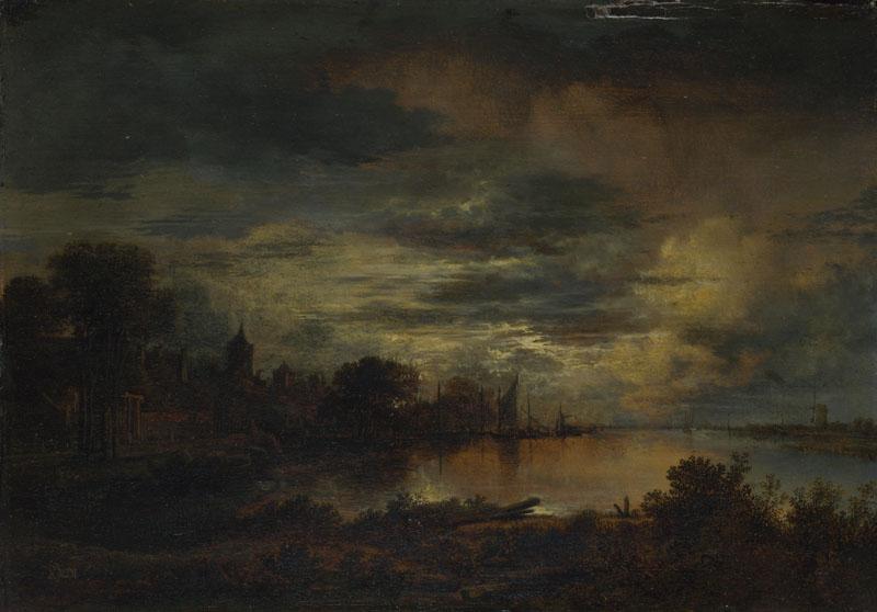 Aert van der Neer - A Village by a River in Moonlight