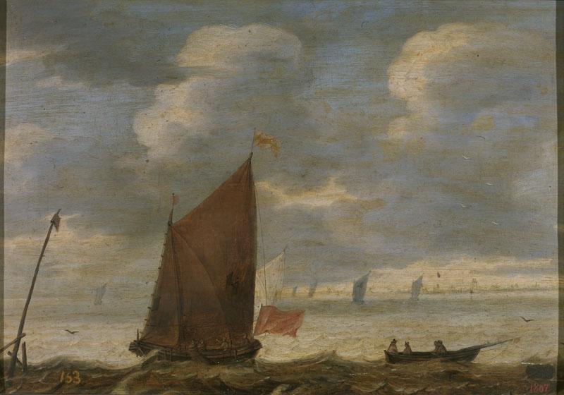 Anonimo-Velero y barca de pescadores frente a la costa-41 cm x 60 cm