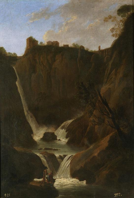 Anonimo-Vista de la cascada de Tivoli con pescadores-160 cm x 112 cm
