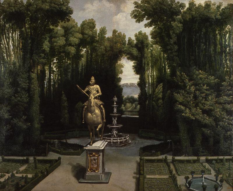 Anonimo-Vista de los jardines de la Casa de Campo con la estatua de Felipe III-149 cm x 181 cm