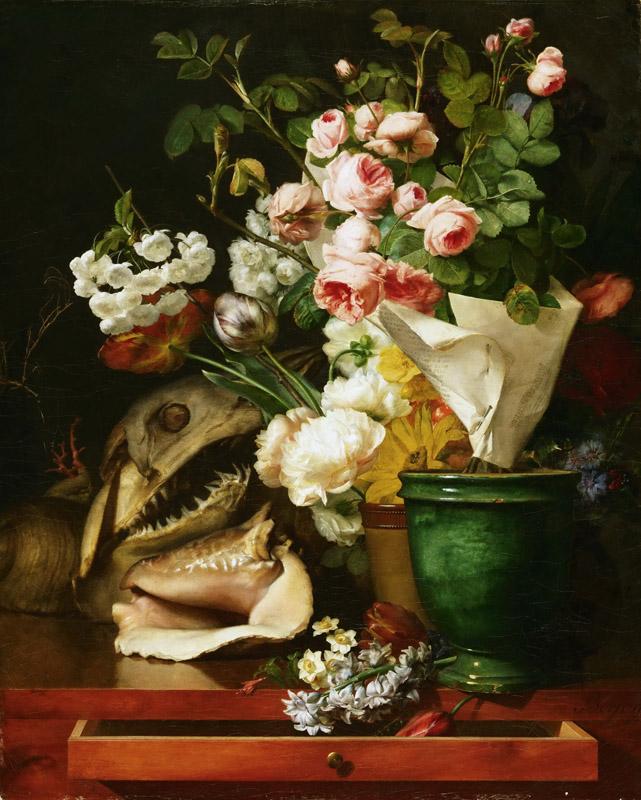 Antoine Berjon, French, 1754-1843 -- Still Life with Flowers, Shells, a Shark Head, and Petrifications