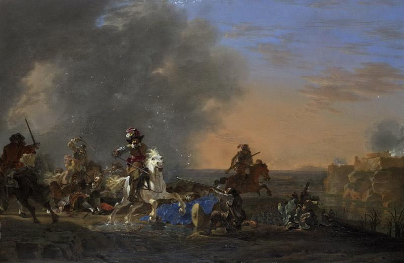 Asselijn, Jan -- Ruitergevecht bij zonsondergang., 1646