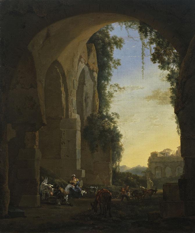 Asselijn, Jan-Paisaje meridional con pastores en unas ruinas-56,6 cm x 49 cm