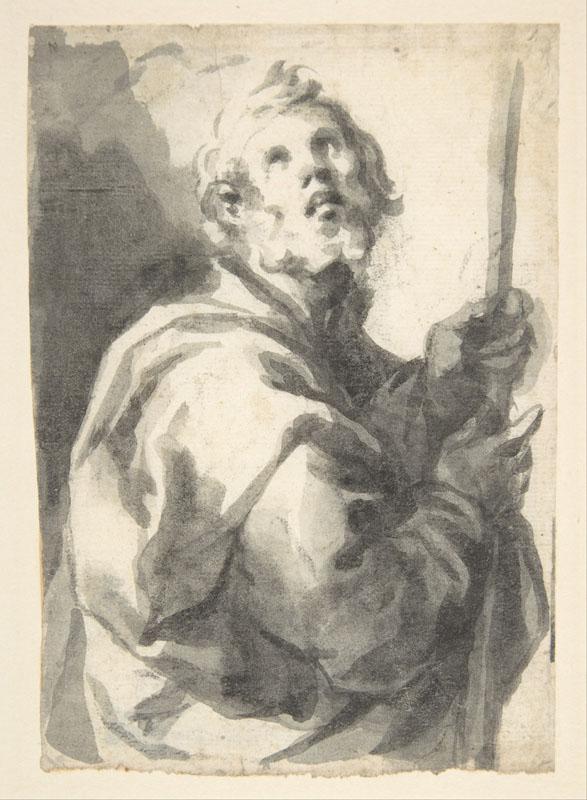 Attributed to Francisco Herrera--Male Saint with Staff, Half-Figure