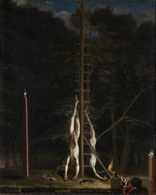 Baen, Jan de -- De lijken van de gebroeders de Witt, opgehangen op het Groene Zoodje aan de Vijverberg te Den Haag, 1672