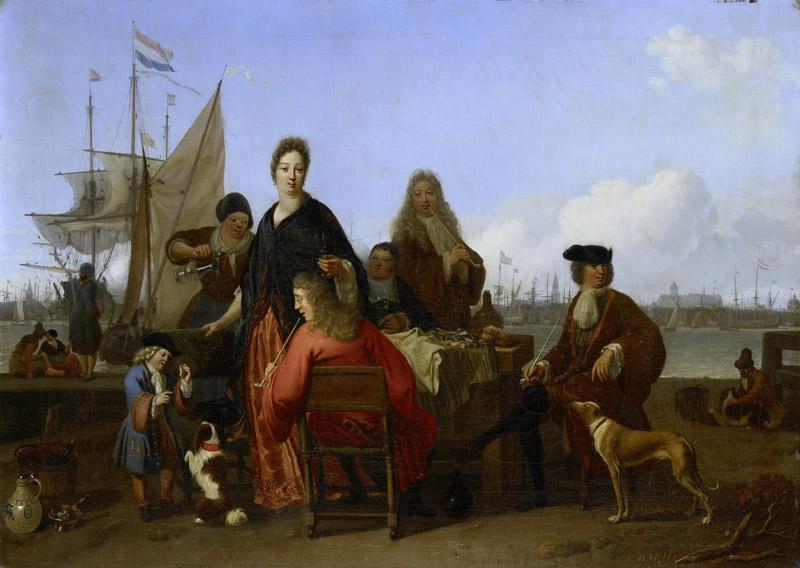 Bakhuysen, Ludolf -- De families Bakhuysen en de Hooghe aan de maaltijd op de Mosselsteiger aan het IJ te Amsterdam., 1702