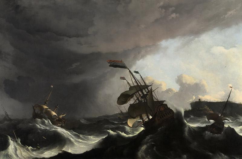 Bakhuysen, Ludolf -- De oorlogsschepen Ridderschap (rechts) en Hollandia (links) aan lager wal tijdens de storm in de Straat van Gibraltar, 1694 - 1708