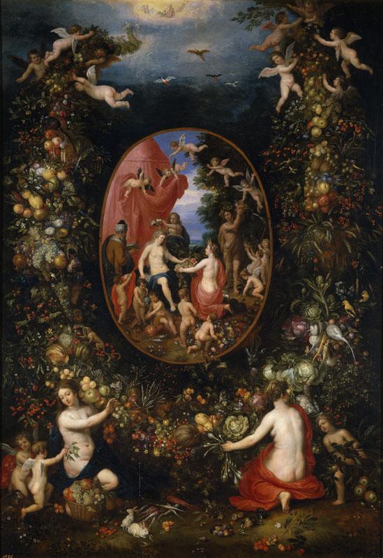 Balen, Hendrik van, Brueghel el Viejo, Jan-Cibeles y las Estaciones dentro de un feston de frutas
