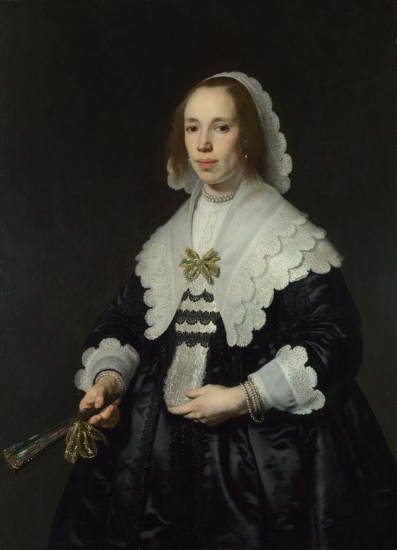 Bartholomeus van der Helst - Portrait of a Lady in Black Satin with a Fan