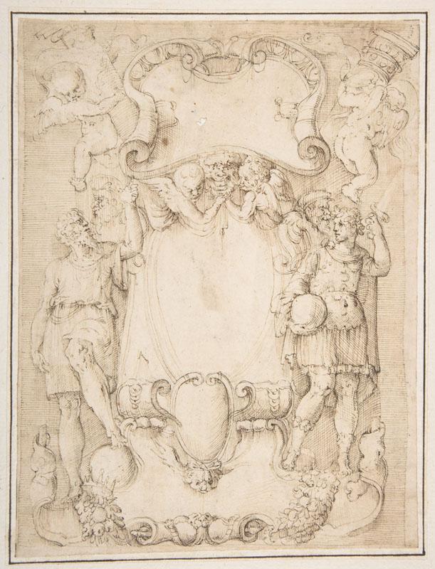 Battista Franco--Drawing of Cartouche with Bearded Man Left, Young man crowned