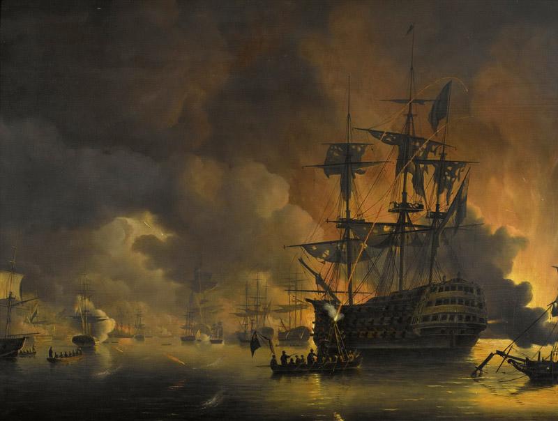 Baur, Nicolaas -- De brand op de werven van Algiers, kort na het begin van het bombardement door de Engels-Nederlandse vloot, 27 augustus 1816