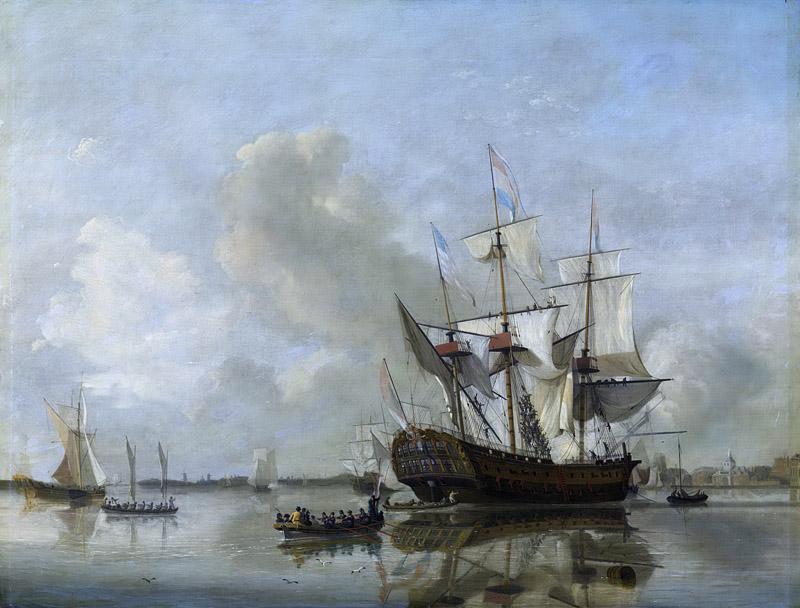 Baur, Nicolaas -- s Lands fregat Rotterdam op de Maas voor Rotterdam, 1807