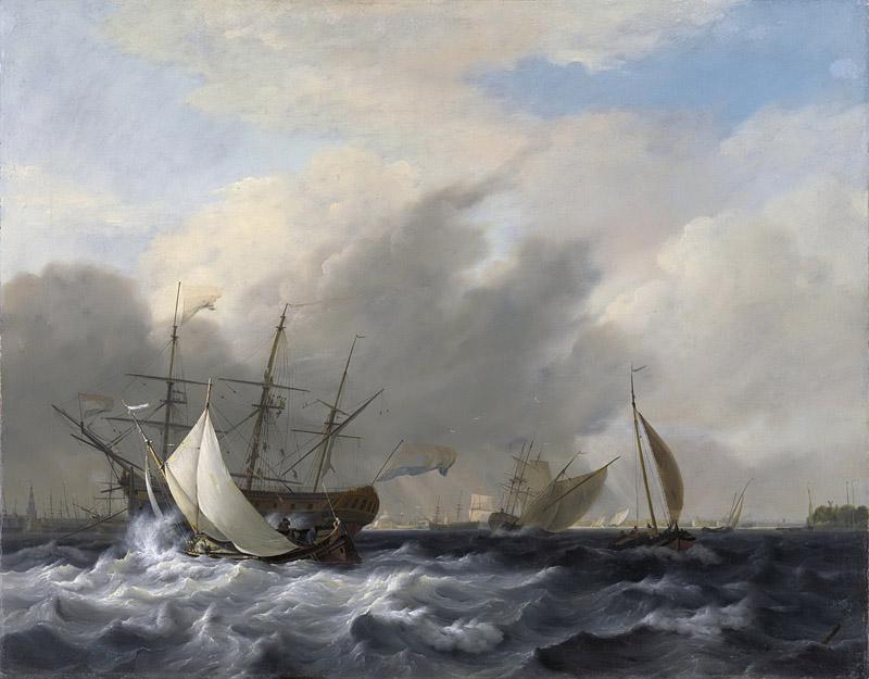 Baur, Nicolaas -- s Lands oorlogsschip Amsterdam voor de Westerlaag op het IJ voor Amsterdam., 1807