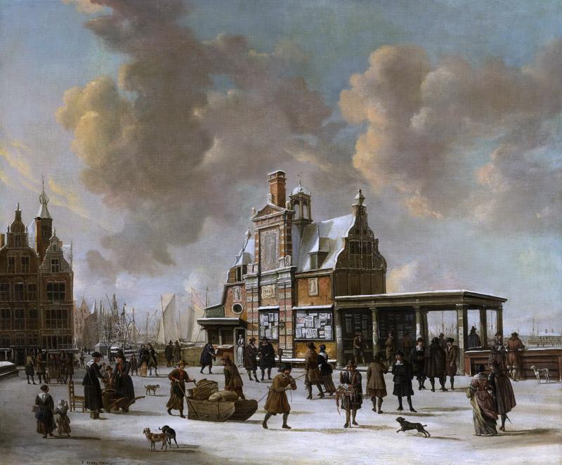 Beerstraten, Jan Abrahamsz. -- Het Paalhuis en de Nieuwe Brug te Amsterdam in de winter