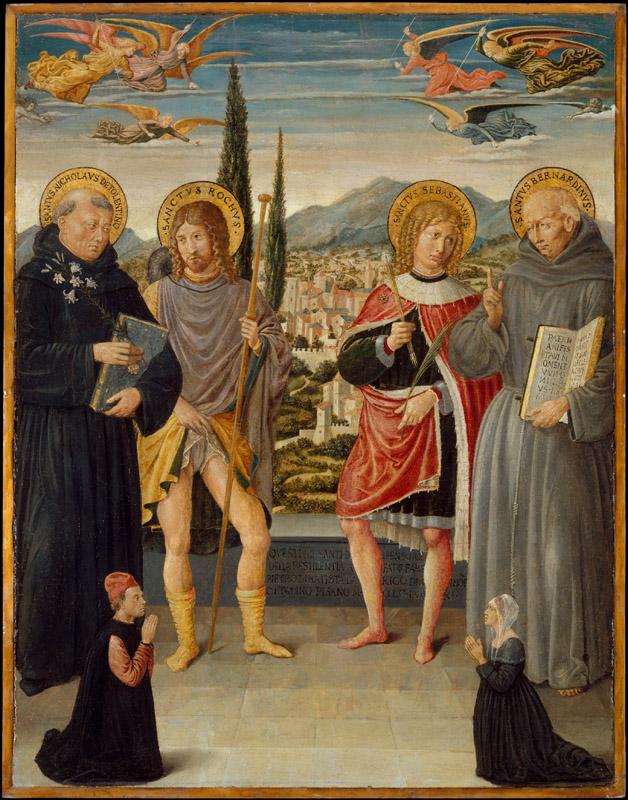 Benozzo Gozzoli--Saints Nicholas of Tolentino, Roch, Sebastian, and Bernardino of Siena, with Kneeling Donors