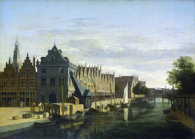 Berckheyde, Gerrit Adriaensz. -- De Waag en de kraan aan het Spaarne te Haarlem, 1660-1698