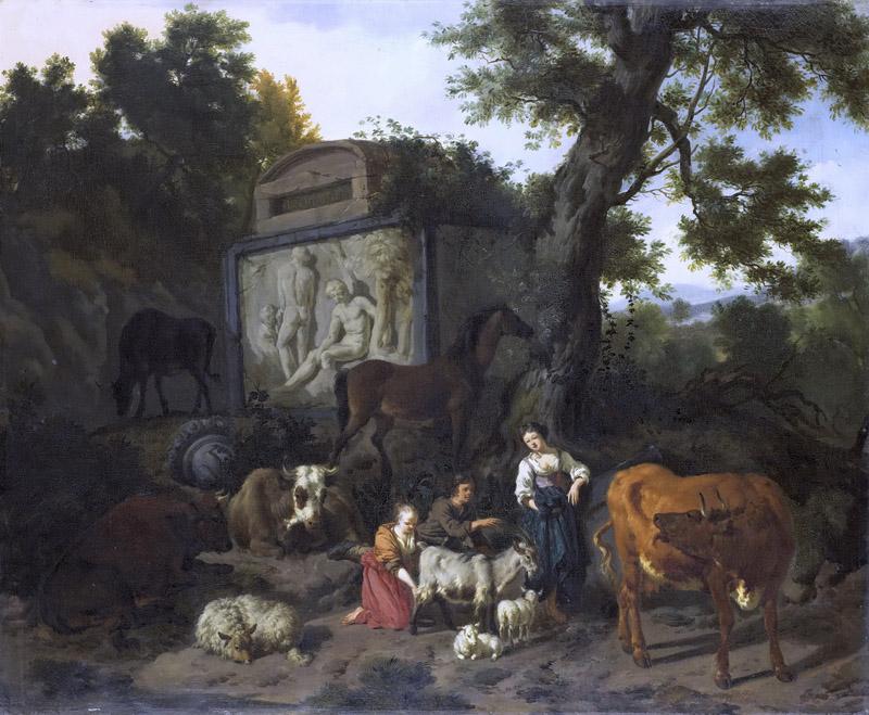 Bergen, Dirck van -- Landschap met herders en vee bij een graftombe