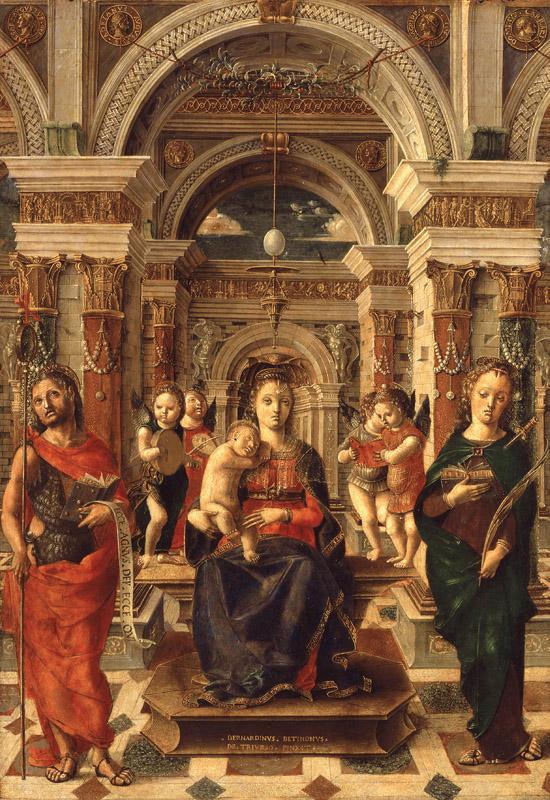 Bernardino Butinone - Enthroned Madonna with Child, John the Baptist, St Justina and Angels, c. 1