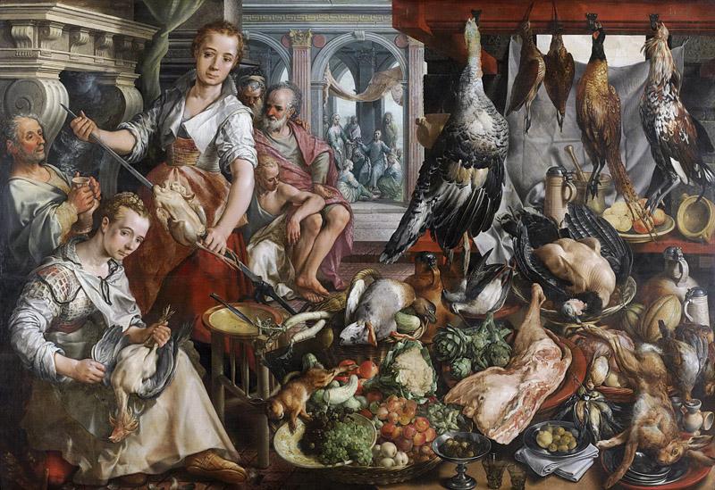Beuckelaer, Joachim -- De welvoorziene keuken, met op de achtergrond Jezus bij Martha en Maria