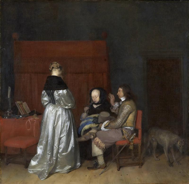 Borch, Gerard ter (II) -- Interieur met drie figuren die met elkaar in gesprek zijn bekend als De vaderlijke vermaning, 1653-1655