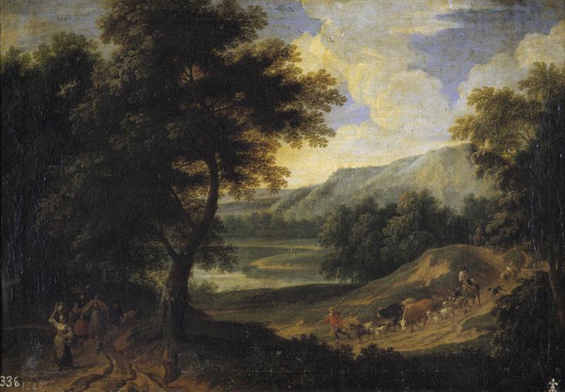 Boudewijns, Adriaen Fransz-Paisaje con pastores y ganado-42 cm x 60 cm