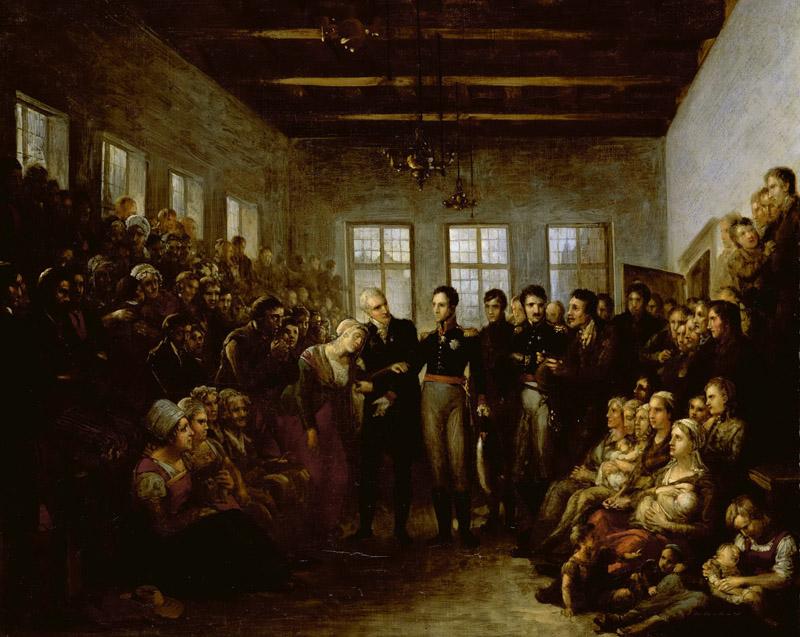Bree, Mattheus Ignatius van -- De prins van Oranje bezoekt de slachtoffers van de watersnood in het Aalmoezeniersweeshuis te Amsterdam op 14 februari 1825