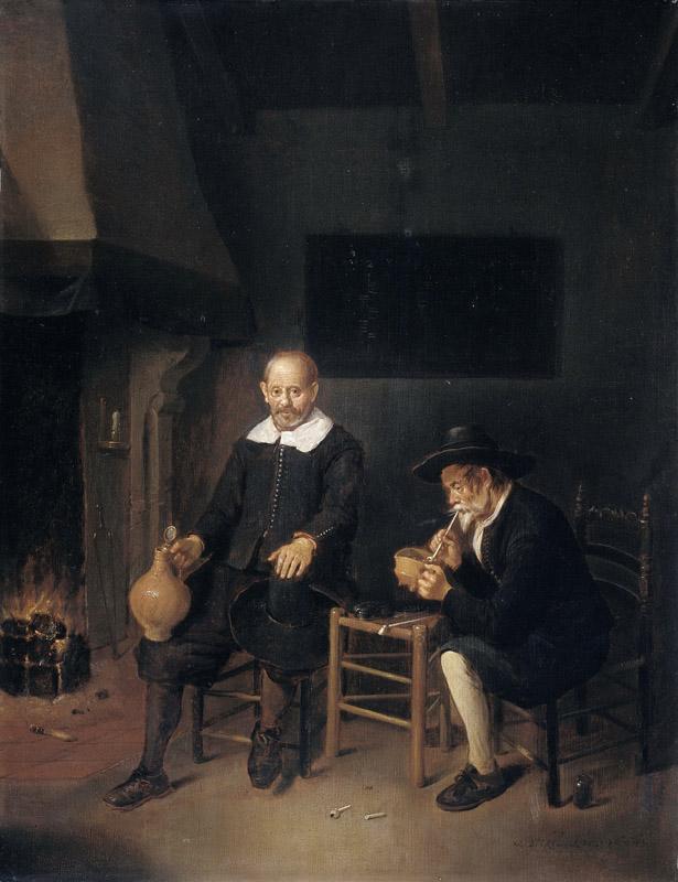 Brekelenkam, Quiringh Gerritsz. van -- Interieur met twee mannen bij het vuur., 1664