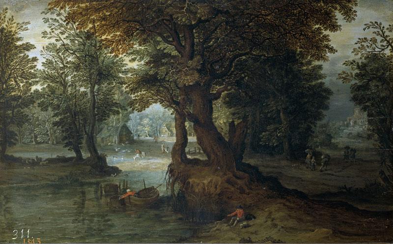 Brueghel el Joven, Jan (y taller)-Bosque con laguna-21 cm x 33 cm