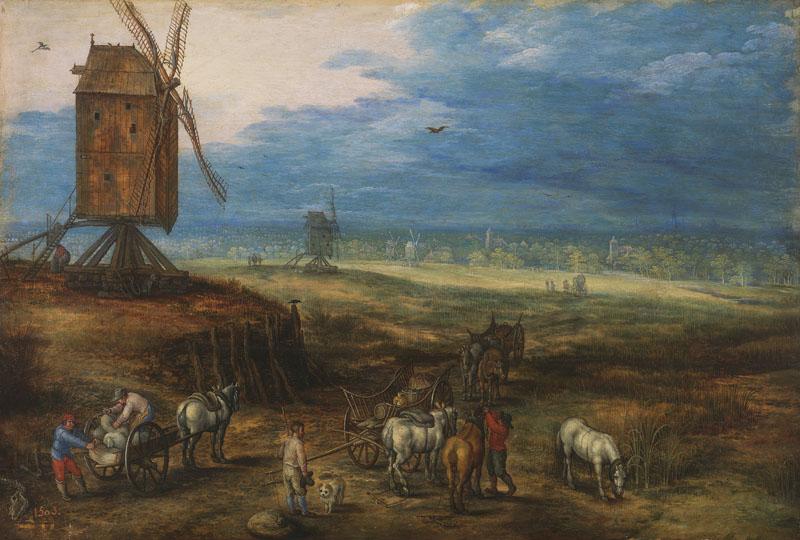 Brueghel el Joven, Jan-Paisaje con molinos de viento-34 cm x 50 cm