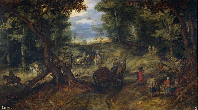 Brueghel el Viejo, Jan-Bosque con carretas atravesando un arroyo y jinetes-47 cm x 80 cm