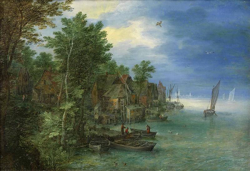 Brueghel, Jan (I) -- Gezicht op een dorp aan een rivier, 1604