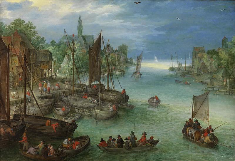 Brueghel, Jan (I) -- Gezicht op een stad aan een rivier, 1600-1630