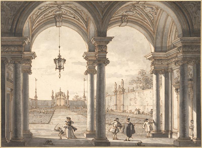 Canaletto (1697-1768)-View through a Baroque Colonnade into a Ga