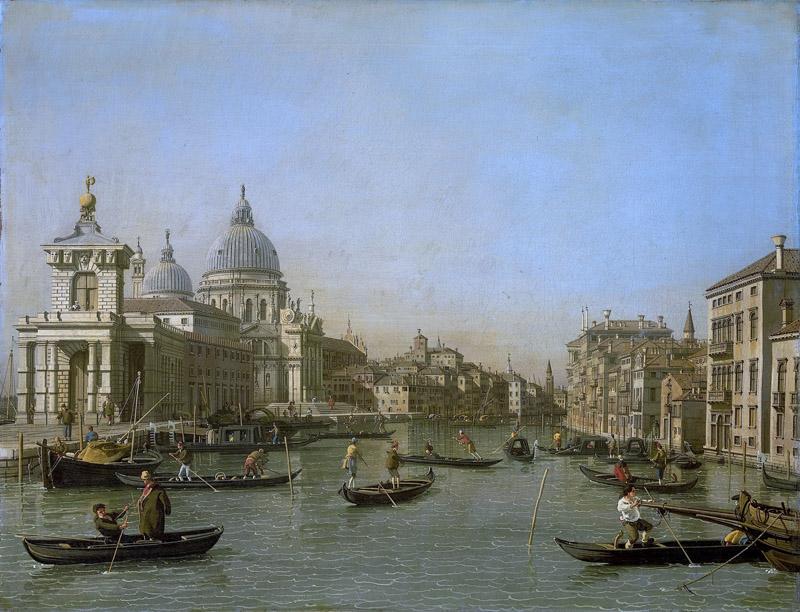Canaletto -- De ingang van het Canal Grande bij de Punta della Dogana en de Santa Maria della Salute, 1730-1745