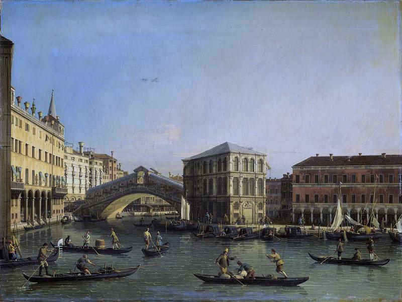 Canaletto -- Het Canal Grande met de Ponte Rialto en de Fondaco dei Tedeschi, 1707-1750