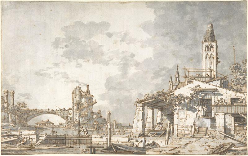 Canaletto--Lagoon Capriccio (recto) Architectural Scene