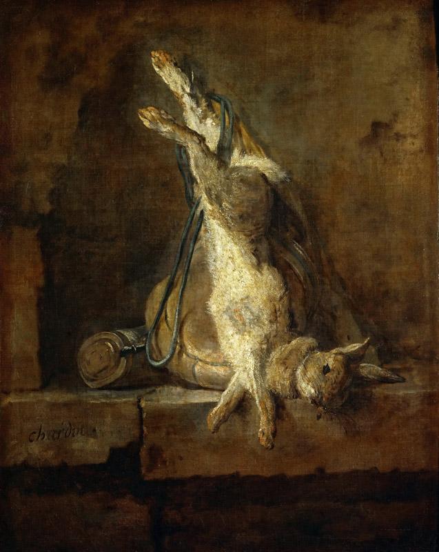 Chardin, Jean-Baptiste Simeon -- Lapin de Garenne mort avec une gibeciere et une