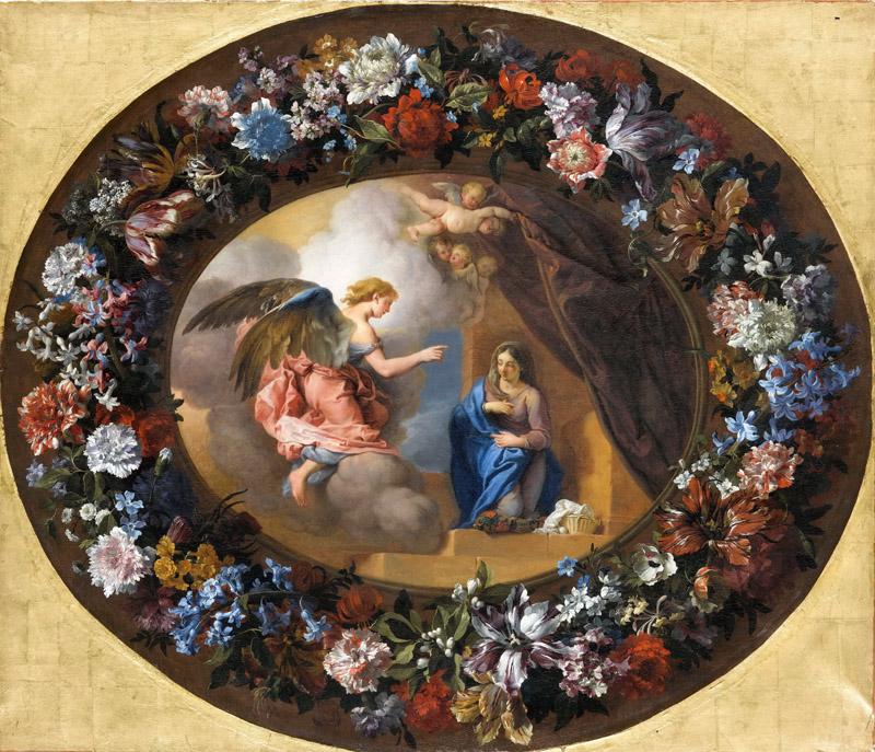 Charles de la Fosse, wreath of flowers by Jean-Baptiste Monnoyer -- Annunciation