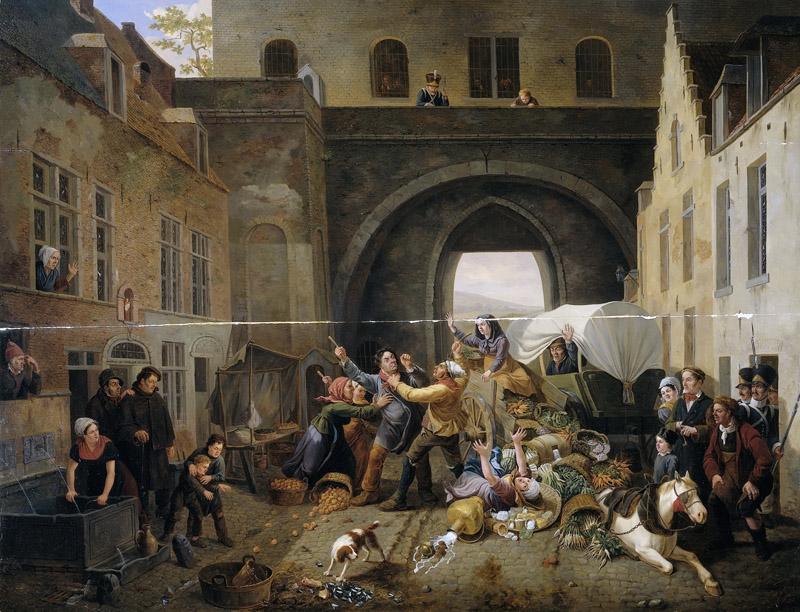 Coene, Constantinus Fidelio -- Een aanrijding bij de Halpoort te Brussel (Alcoholsmokkel), 1823