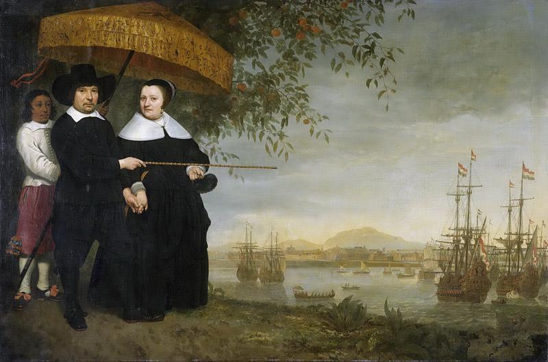 Cuyp, Aelbert -- Een opperkoopman van de VOC, vermoedelijk Jacob Mathieusen en zijn vrouw  op de achtergrond de retourvloot op de rede van Batavia, 1640-1660