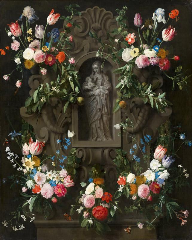 Daniel Seghers, Thomas Willeboirts Bosschaert - Garland of Flowers surrounding a Sculpture of the Virgin Mary