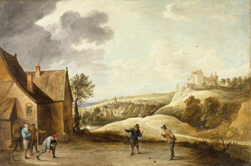 David Teniers the Younger - Landscape with Peasants Playing Bowls Outside an Inn