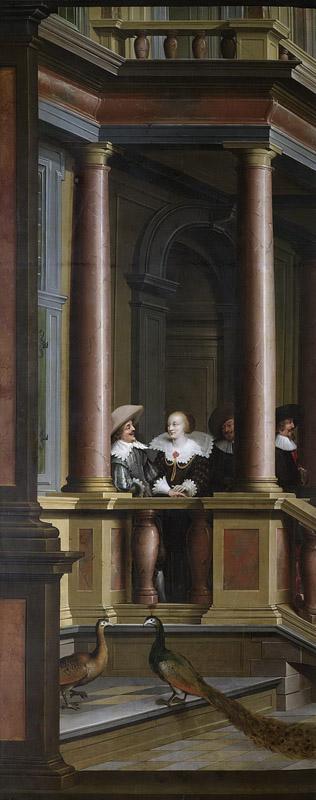 Delen, Dirck van -- Een buitentrap (linkerhelft van de voorstelling). Onderdeel van een zevendelige kamerbeschildering., 1630 - 1632